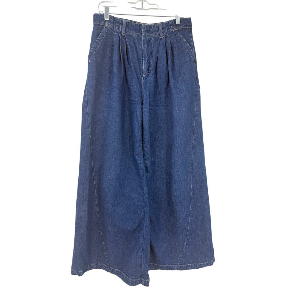 Free People Equinox Denim Trousers Size 28 Wide Leg Jeans Blue Slouchy Pleated - Picture 3 of 16